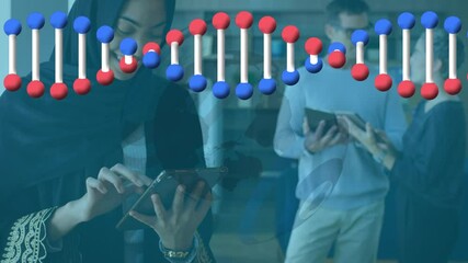 Poster - Animation of dna strand spinning, globe and connections over woman using tablet