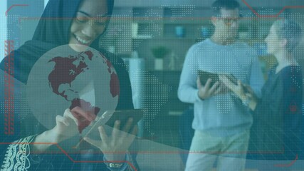 Poster - Animation of globe and connections over woman using tablet