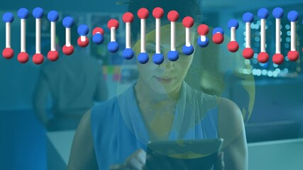 Poster - Animation of dna strand spinning, globe and connections over woman using tablet
