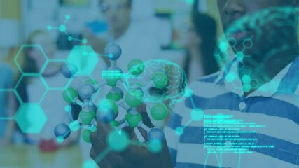 Poster - Animation of scientific data processing and human brain over schoolboy in science class