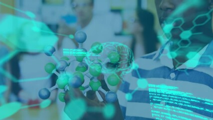 Poster - Animation of blue elemental diagrams and brain over male student holding molecular model