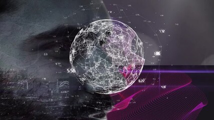 Poster - Globe of network of connections spinning and pink digital wave against close up of a man