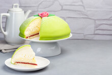 Traditional Swedish Dessert Princess Cake With Green Marzipan Cover And Pink Rose Decoration, On  Gray Background, Horizontal, Copy Space