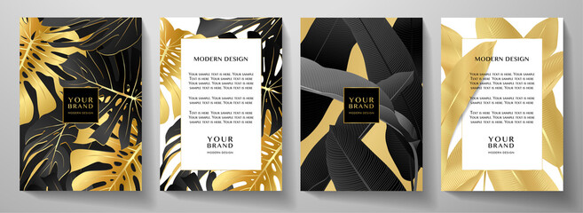 Wall Mural - Luxury tropical cover, frame design set with gold palm branch (Banana leaf, golden Monstera plant) on black. Exotic background vector pattern for cafe menu template, summer holiday poster, wedding
