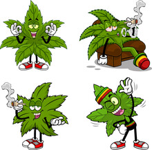 Marijuana Leaf Cartoon Characters. Vector Collection Set Isolated On White Background