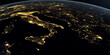 Italy at night in the earth planet rotating from space