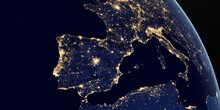 Iberian Peninsula And Europe At Night In The Earth Planet Rotating From Space