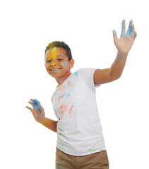 Wall Mural - African American boy covered with colorful powder dyes on white background. Holi festival celebration