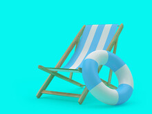 Striped Empty Deck Chair With Lifebuoy On Blue. 3d Illustration 