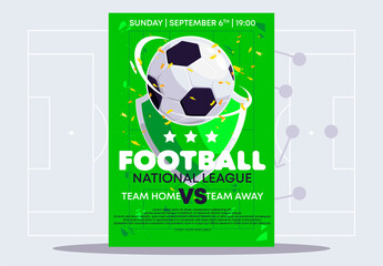 Wall Mural - Vector illustration of a template for a football match of a soccer ball with a shield and a winner's wreath on a green background, flat design, marking of a football field in the background