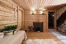 Wooden Bath, Sauna Interior. Dressing Room, Steam Room, Simple Rustic Decor