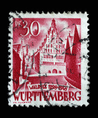 Stamp printed in Germany, French Occupation of Wurttemberg shows Waldsee Townhall, circa 1948