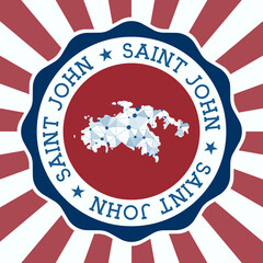 Saint John Badge. Round logo of island with triangular mesh map and radial rays. EPS10 Vector.