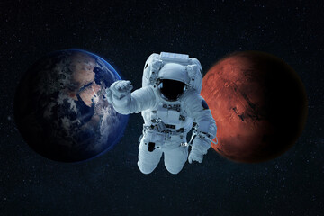 Poster - spaceman in a suit flies in outer space and start a mission. astronaut travels from planet earth to mars