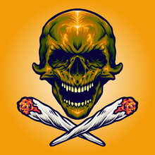 Gold Skull Smoking Marijuana Vector Illustrations For Your Work Logo, Mascot Merchandise T-shirt, Stickers And Label Designs, Poster, Greeting Cards Advertising Business Company Or Brands.