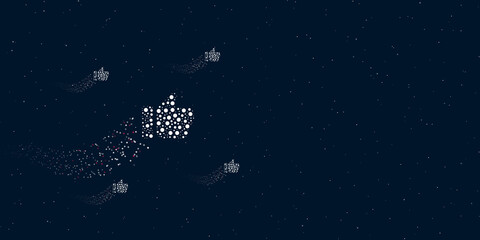 Poster - A thumb up symbol filled with dots flies through the stars leaving a trail behind. Four small symbols around. Empty space for text on the right. Vector illustration on dark blue background with stars