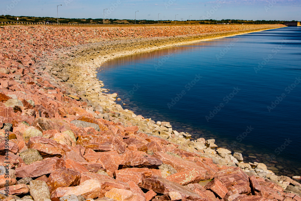 Very low water level on Lake Sakakawea in Central North Dakota has exposed different color ...