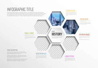 Poster - infographic template with six photos in hexagons