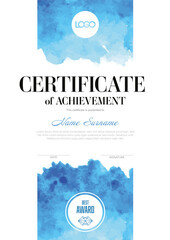 Wall Mural - Modern certificate template with blue watercolor style