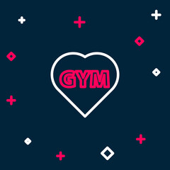 Sticker - Line Fitness gym heart icon isolated on blue background. I love fitness. Colorful outline concept. Vector