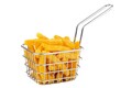 Spicy potato French fries in a metal frying basket on a white background