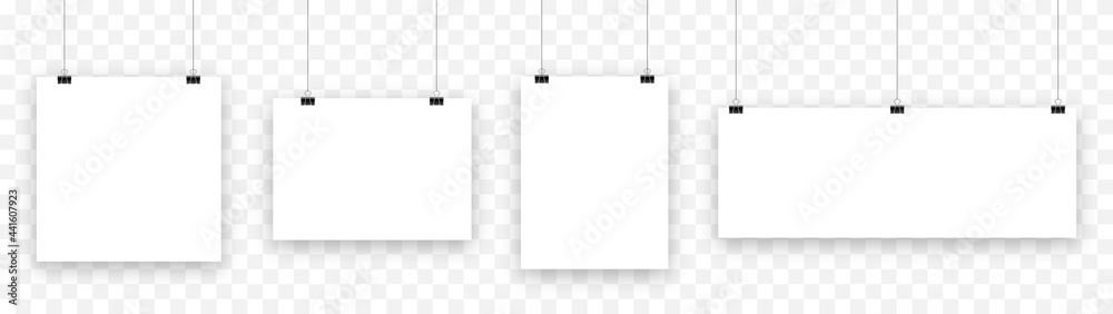 Blank hanging paper sheet with blinder clip, vector set. Empty white photo frame mockup: poster,  banner, square. Realistic picture hanging. Concept art gallery canvas portfolio. Isolated illustration - obrazy, fototapety, plakaty 