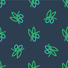 Canvas Print - Line Olives branch icon isolated seamless pattern on blue background. Vector