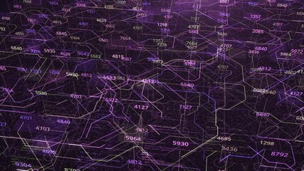 Poster - Abstract colorful circuit board with data flow showed by moving narrow lines. Animation. Concept of artificial intelligence and computer science, seamless loop.