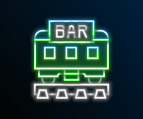 Poster - Glowing neon line Restaurant train icon isolated on black background. Colorful outline concept. Vector