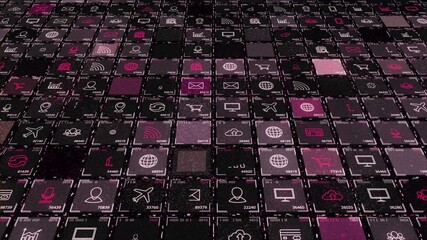Aufkleber - Abstract digital screen with flowing cells illustrating mobile phone or computer internet images. Animation. Silhouettes of wifi, global internet, connection, and communication.