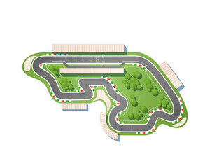 The race circuit from a top view is isolated on a white background. The racing track is including a pit lane, grandstands, boxes, trees, and gravel safety zones.