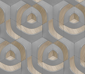 Wall Mural - Geometric seamless 3D pattern in beige with gold and wood elements. Centric series. 3d illustration.