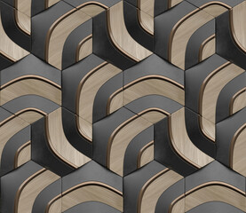 Wall Mural - Geometric seamless 3D pattern in black with dark gold and wood elements. Random series. 3d illustration.