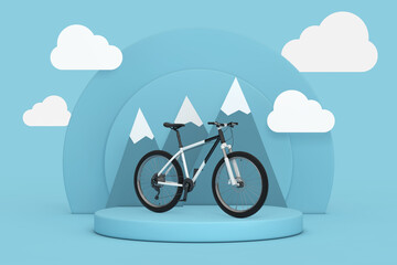 Poster - Black and White Mountain Bike over Blue Cylinders Products Stage Pedestal with Clouds and Mountains. 3d Rendering
