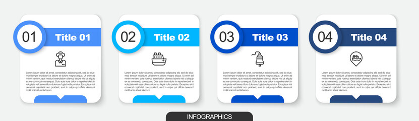 Poster - Set line Tourist, Cruise ship, Ship bell and Location with cruise. Business infographic template. Vector