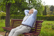 © Studio Romantic - Portrait of a happy senior man in a city park. Chubby old granddad sitting on bench in green park on good summer day, relaxing, listening to birds singing, breathing fresh clean air and enjoying life