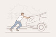 Car breakdown and service concept. Tired young man cartoon character pushing broken damaged car vehicle on road to service repairing vector illustration 