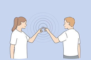 Poster - business connections, web template, header concept. young man and woman cartoon characters touching 