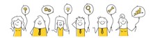 Funny Stick Figures Holding Balloons With Business Icons.