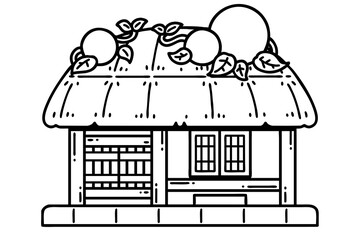 A choga house. Choga denotes one of two traditional nature-friendly house types in Korea. The main building materials used to build these houses are straw, wood and soil. Vector line art illustration.