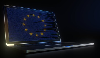 Open laptop and computer code on the screen composing flag of the EU. Modern information technology related 3d rendering
