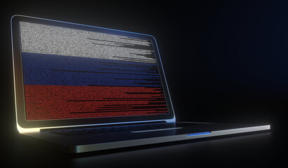 Flag of Russia made with computer code on the laptop screen. Hacking or cybersecurity related 3d rendering