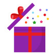 Large purple gift box tied with a thin red long ribbon, the lid opens, inside there are sequins, confetti, circles, stars of different colors. Happy Holidays Greeting Card. Flat vector with shadow.