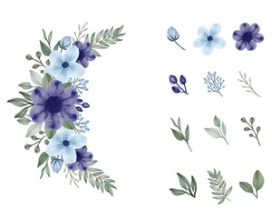  Floral watercolor arrangement of blue and purple, with element flower , bud, branch and leaves