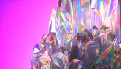 Poster - A beautiful landscape of crystals refracting light into spectral rainbow colors. 3D render illustration.