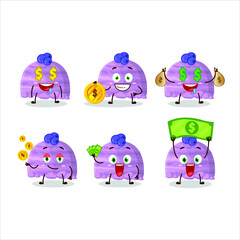 Sticker - Blueberry ice cream scoops cartoon character with cute emoticon bring money. Vector illustration