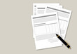 Documents and pen on grey background. Contract papers, application form, web banners, websites, paperwork concepts. illustration paper cut design style.