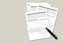 Documents And Pen On Grey Background, Application Form, Paperwork Concepts, Paper Cut Design Style.