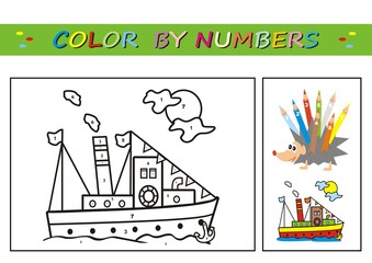 steamboat, coloring book, color by numbers. Number coloring page for preschool children. Learn numbers for kindergartens and schools. Educational game. Worksheet for education.