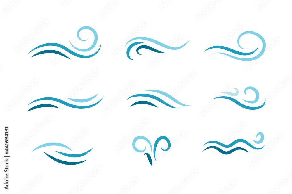 Set of wave shapes, wave formats, shapes, wave forms of water or wind flows. symbol shapes of wind and water waves flow. colorful fill icons - obrazy, fototapety, plakaty 